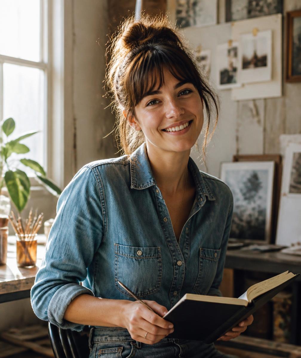 Millie, founder of Wildheart Collective, in a sunlit studio holding an open notebook