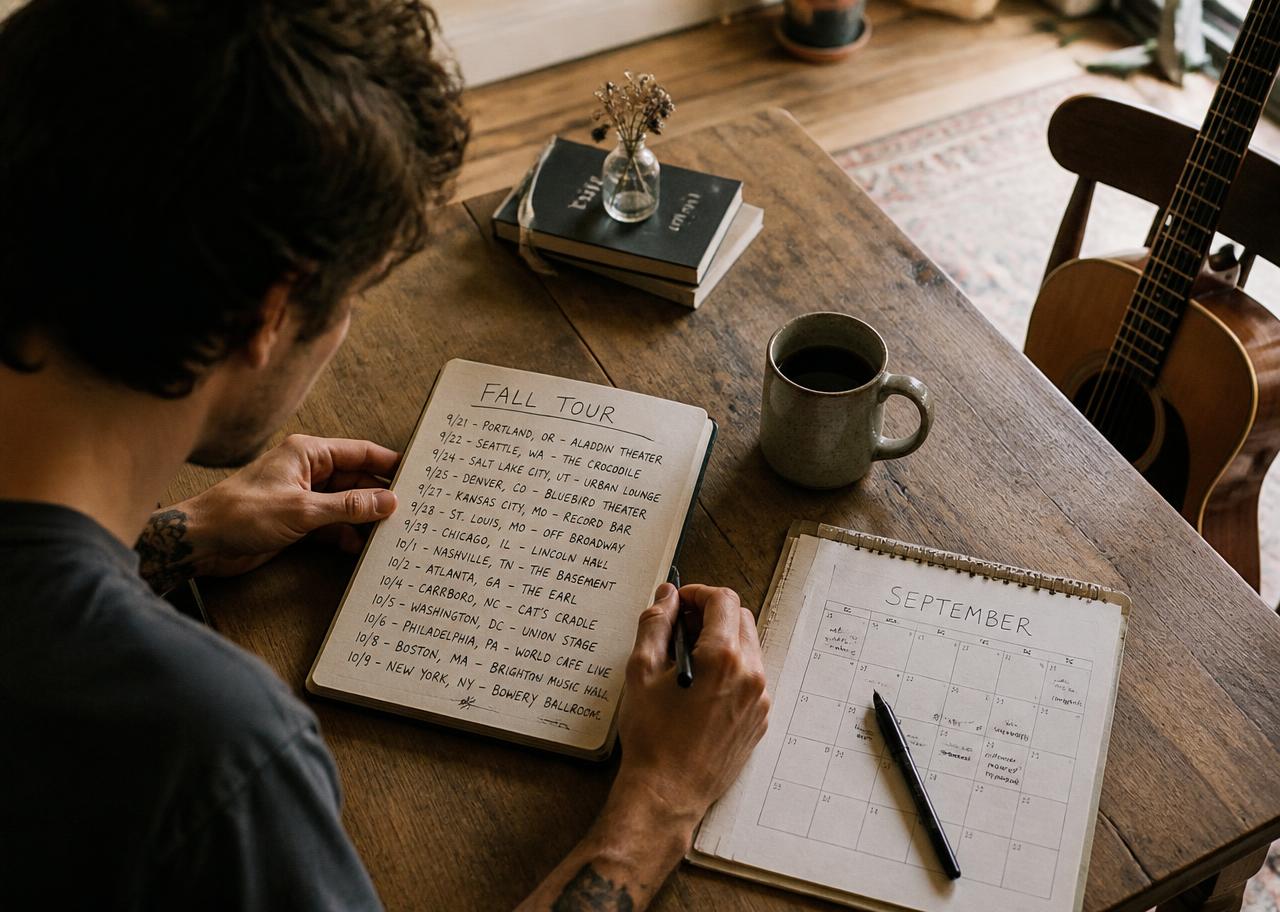 A musician writing tour dates by hand in a notebook beside a calendar and coffee