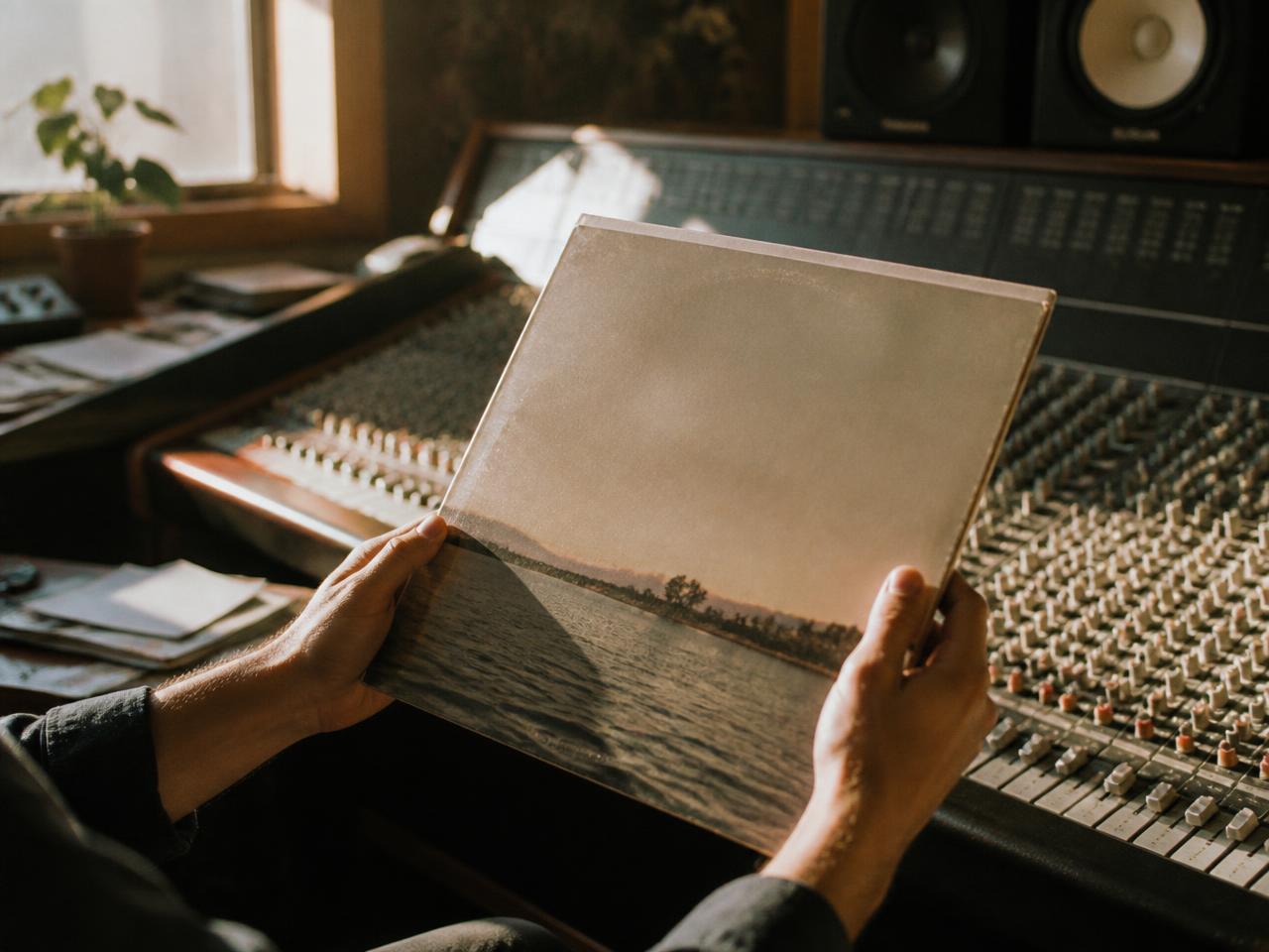 Hands holding a vinyl sleeve in a sunlit studio in front of an analogue mixing desk