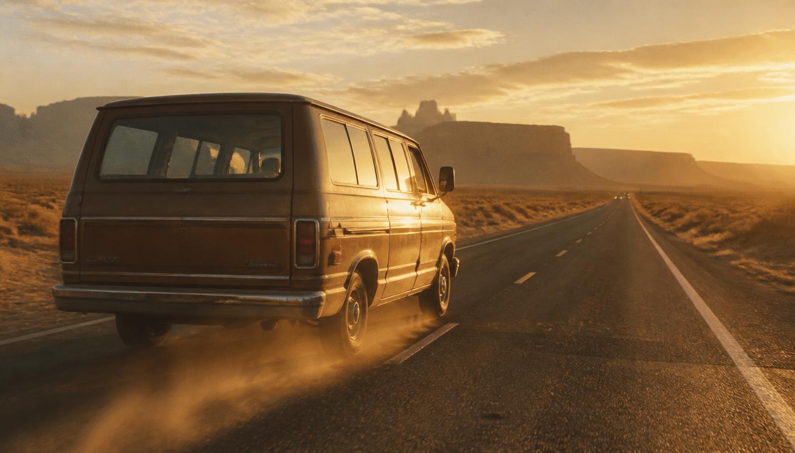 A tour van driving an open desert highway at golden hour, dust rising behind it
